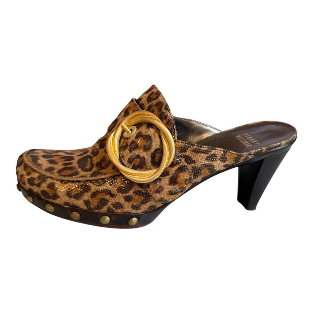 Stuart Weitzman Leopard Print Heeled Clogs Gold Buckle Detail 6.5